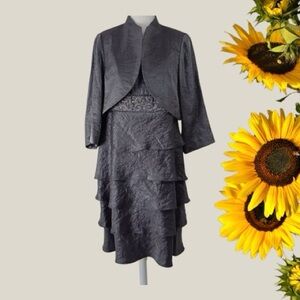R&M RICHARDS SHIMMERY GRAY 2PC TIERED EMPIRE STYLE DRESS & MATCHING BALERO SZ 14